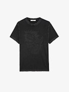 Jimmy T-shirt - Short-sleeved dark grey organic cotton T-shirt with worn edges and Dinosaur print on front and message on back.