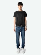 Jimmy T-shirt - Short-sleeved dark grey organic cotton T-shirt with worn edges and Dinosaur print on front and message on back.