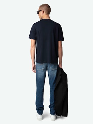 Tommy T-shirt - Navy blue organic cotton t-shirt with short sleeves and "Rock'N'Roll Is Not Dead" print.