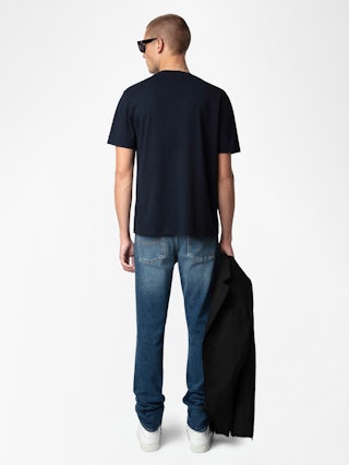 T-shirt Tommy - T-shirt in cotone biologico blu navy a maniche corte e stampa "Rock'N'Roll Is Not Dead".