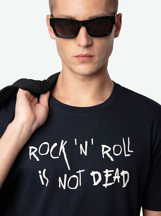 Tommy T-shirt - Navy blue organic cotton t-shirt with short sleeves and "Rock'N'Roll Is Not Dead" print.