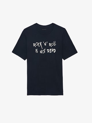 Tommy T-shirt - Navy blue organic cotton t-shirt with short sleeves and "Rock'N'Roll Is Not Dead" print.