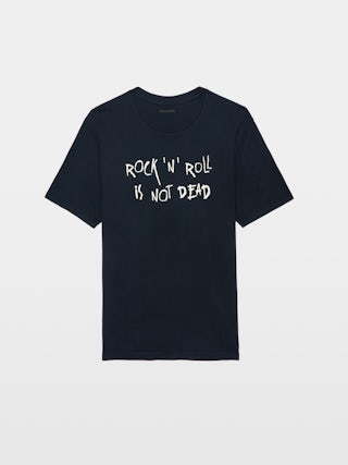 T-shirt Tommy - T-shirt en coton biologique bleu marine à manches courtes et imprimé "Rock'N'Roll Is Not Dead".