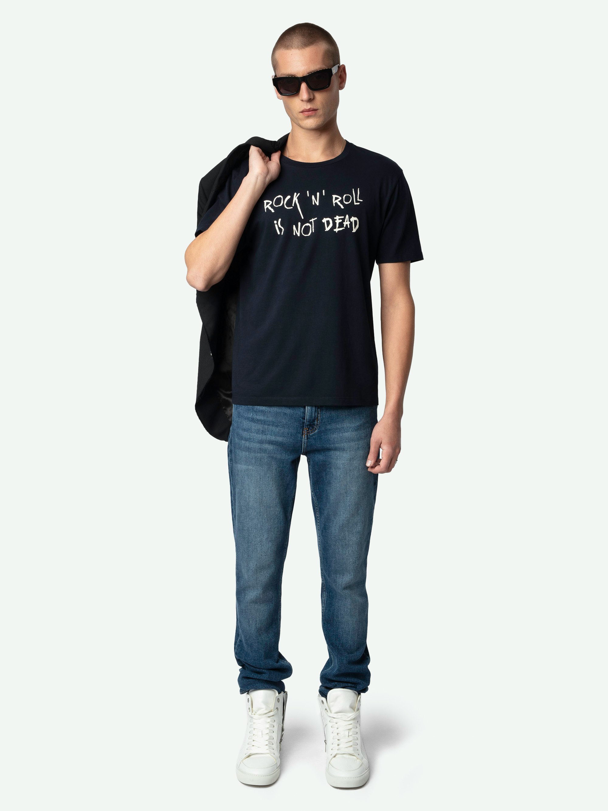 Tommy T-shirt - Navy blue organic cotton t-shirt with short sleeves and "Rock'N'Roll Is Not Dead" print.