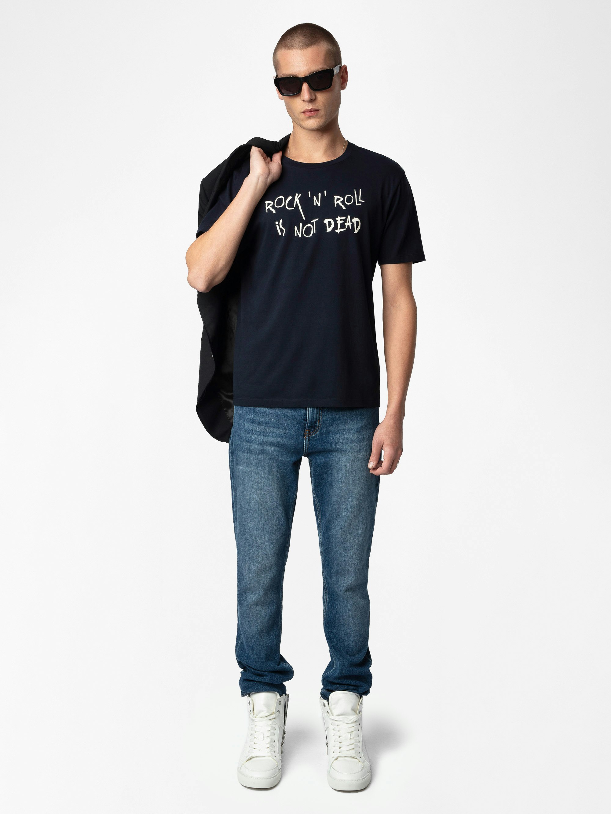 Tommy T-shirt - Navy blue organic cotton t-shirt with short sleeves and "Rock'N'Roll Is Not Dead" print.