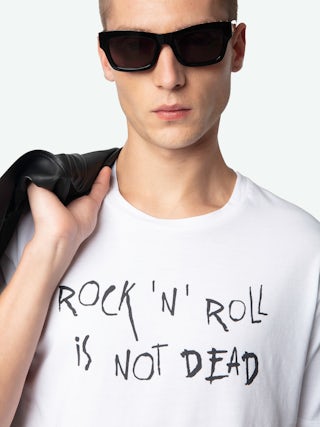 Tommy T-shirt - White organic cotton t-shirt with short sleeves and "Rock'N'Roll Is Not Dead" print.