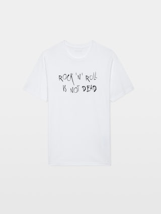 T-shirt Tommy - T-shirt en coton biologique blanc à manches courtes et imprimé "Rock'N'Roll Is Not Dead".