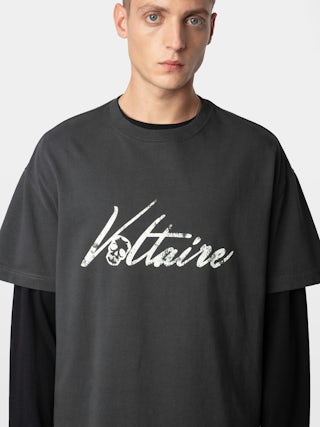 Teddy T-shirt - Oversized dark grey organic cotton t-shirt with short sleeves and "Voltaire" print.