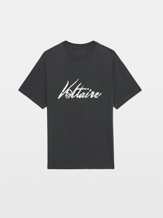 Teddy T-shirt - Oversized dark grey organic cotton t-shirt with short sleeves and "Voltaire" print.