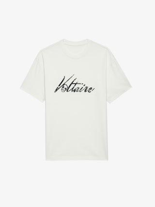 Teddy T-shirt - Ecru oversized t-shirt in organic cotton with short sleeves and "Voltaire" print.