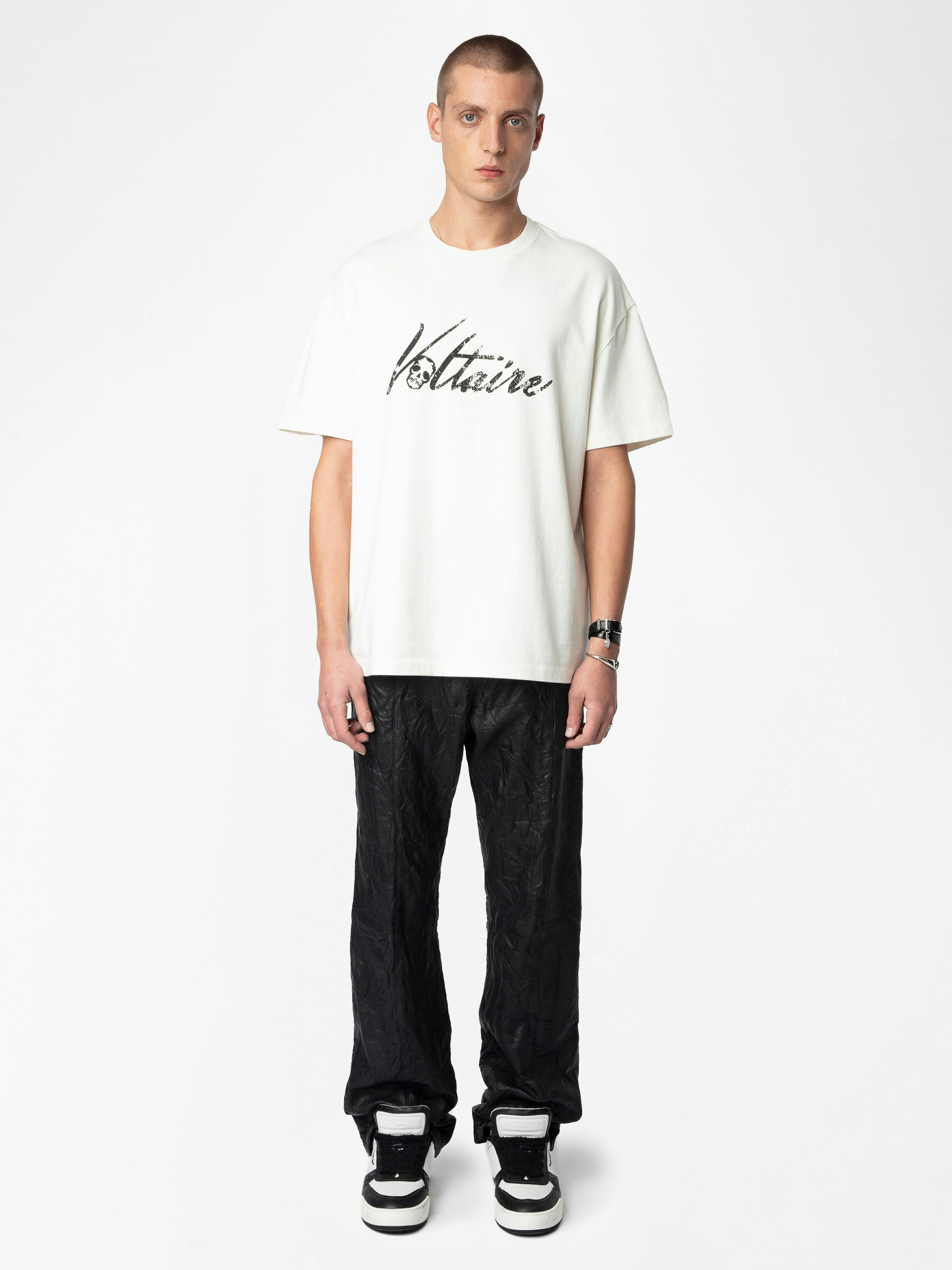 Teddy T-shirt - Ecru oversized t-shirt in organic cotton with short sleeves and "Voltaire" print.