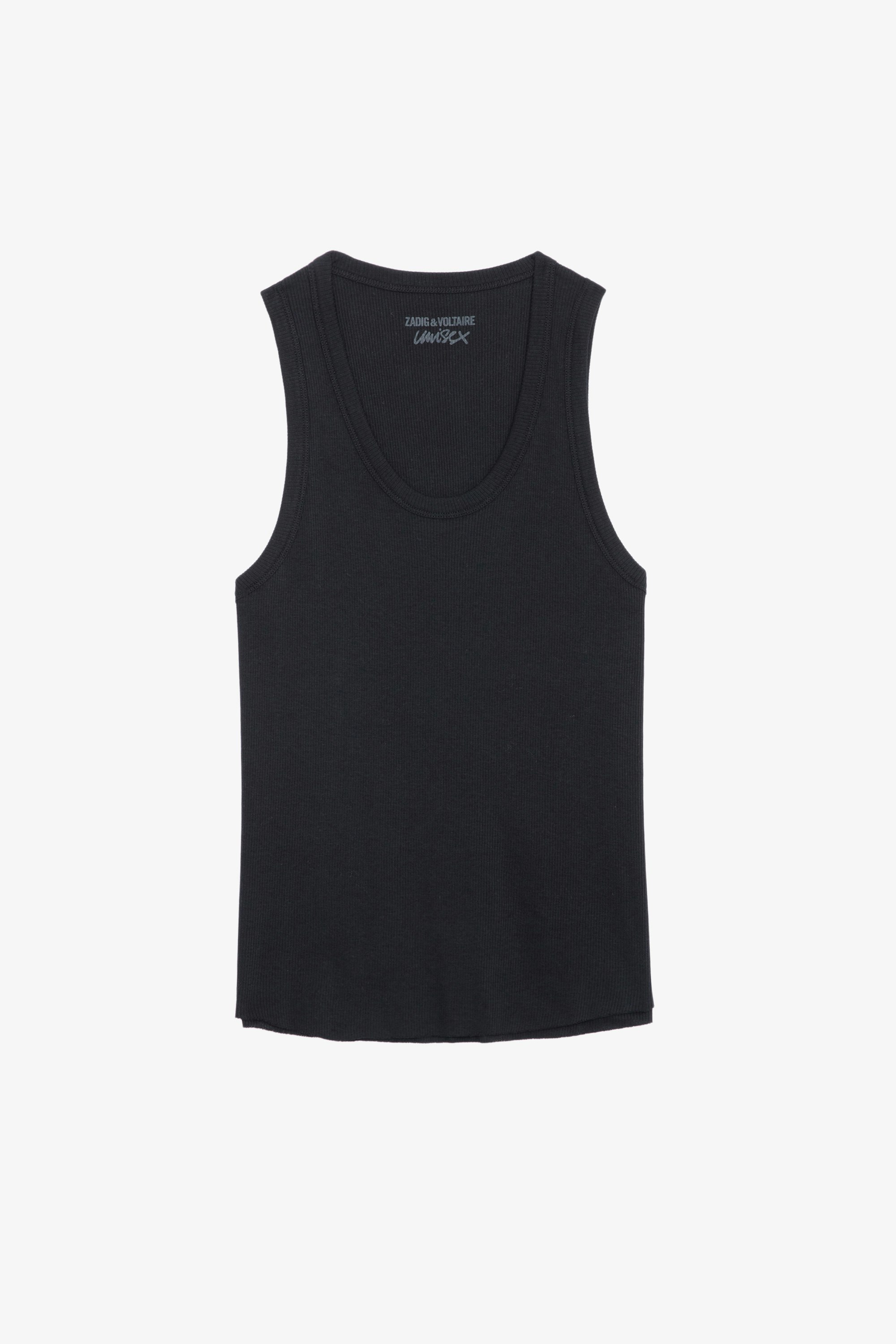 Camille Tank Top - Black ribbed cotton round-neck tank top with cutaway shoulders.
