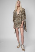 Short snake print kaftan - Women's short beach kaftan with snake print in brown
