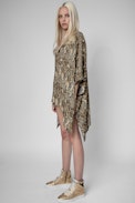 Short snake print kaftan - Women's short beach kaftan with snake print in brown