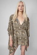 Short snake print kaftan - Women's short beach kaftan with snake print in brown