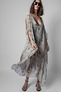 Kaftan Python Silk Swimwear - Women's long beach kaftan with beige snake print