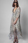 Kaftan Python Silk Swimwear - Women's long beach kaftan with beige snake print