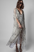 Kaftan Python Silk Swimwear - Women's long beach kaftan with beige snake print