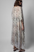 Kaftan Python Silk Swimwear - Women's long beach kaftan with beige snake print