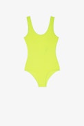 Neon Swimsuit - Women's fluoro yellow one-piece swimsuit with "C'est la faute à Voltaire" on the back