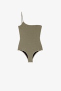 Lumiere One Swimsuit - Women's khaki one-piece swimsuit with metallic effect and asymmetrical strap