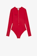 Sensitive Swimsuit - Women's one-piece surfer swimsuit with long sleeves and zipper in red