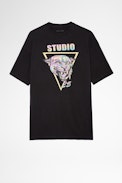 Uston Jaguar Dress Strass - Women's t-shirt dress in black cotton with Jaguar print