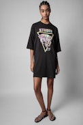 Uston Jaguar Dress Strass - Women's t-shirt dress in black cotton with Jaguar print