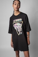 Uston Jaguar Dress Strass - Women's t-shirt dress in black cotton with Jaguar print