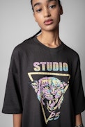 Uston Jaguar Dress Strass - Women's t-shirt dress in black cotton with Jaguar print
