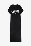 Zaid Dress - Women's long black cotton dress with "Amour" slogan and wings