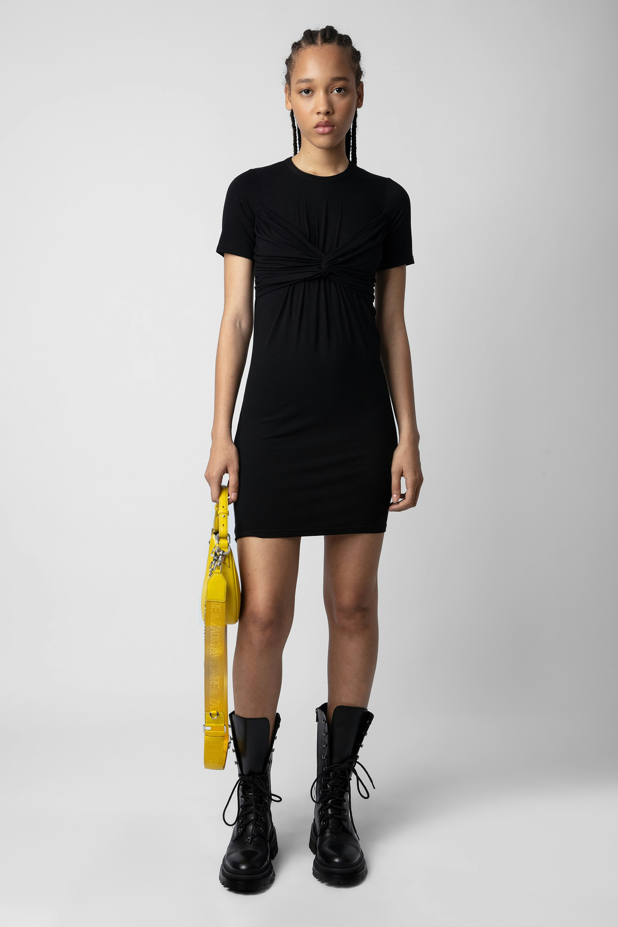 Mara Dress - Women’s short black jersey dress with draped bow at the waist.
