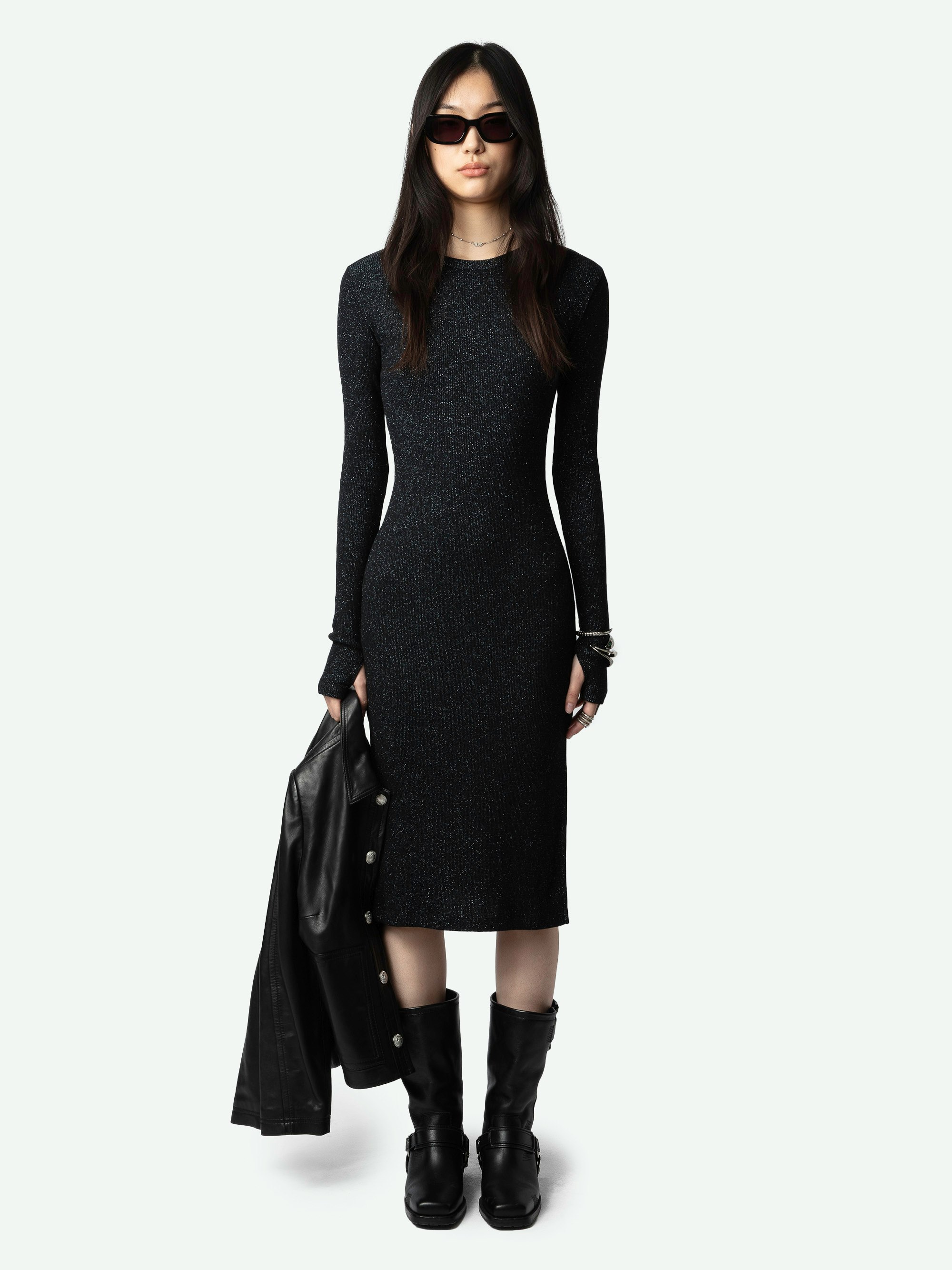 Ruby Dress - Long-sleeved black lurex mid-length dress with slit skirt and signature metal wings at the back.