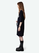 Portman Imagine Dress - Navy blue midi dress with 3/4-length sleeves, ‘Imagine’ prints and wings on the front.