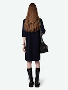 Portman Imagine Dress - Navy blue midi dress with 3/4-length sleeves, ‘Imagine’ prints and wings on the front.