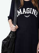 Portman Imagine Dress - Navy blue midi dress with 3/4-length sleeves, ‘Imagine’ prints and wings on the front.