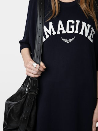 Portman Dress - Mid-length dress with 3/4 sleeves featuring "Imagine" print and wings at the front.