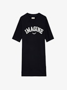 Portman Imagine Dress - Navy blue midi dress with 3/4-length sleeves, ‘Imagine’ prints and wings on the front.
