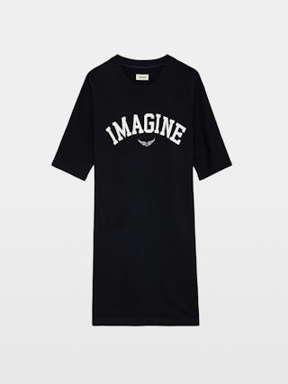 Portman Dress - Mid-length dress with 3/4 sleeves featuring "Imagine" print and wings at the front.