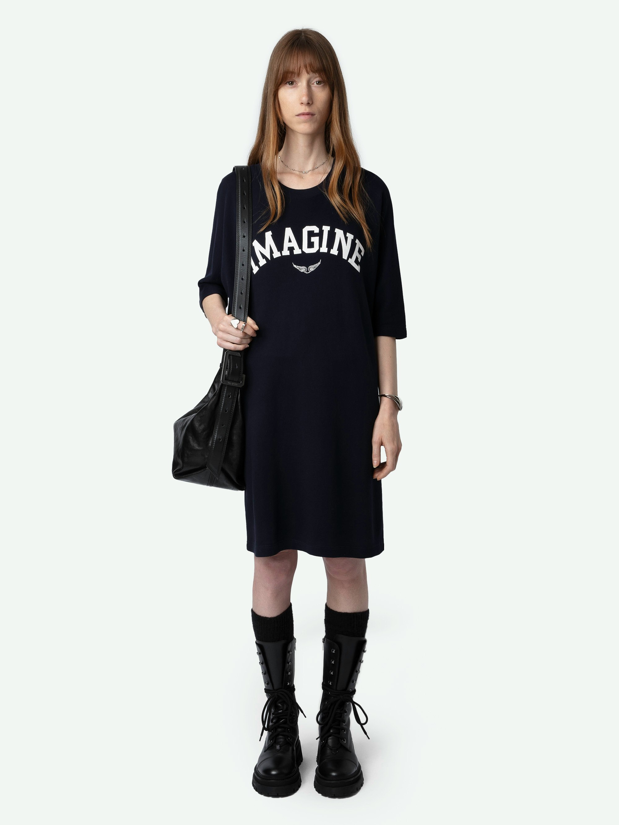Portman Imagine Dress - Navy blue midi dress with 3/4-length sleeves, ‘Imagine’ prints and wings on the front.