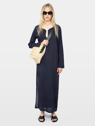 Delia Dress - Long dress with long sleeves and wing fastenings.
