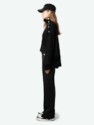 Pantaloni da Jogging Chill - Pantaloni neri da jogging dritti e ampi, tasche con cerniera a contrasto e ricamo con ali distintive.