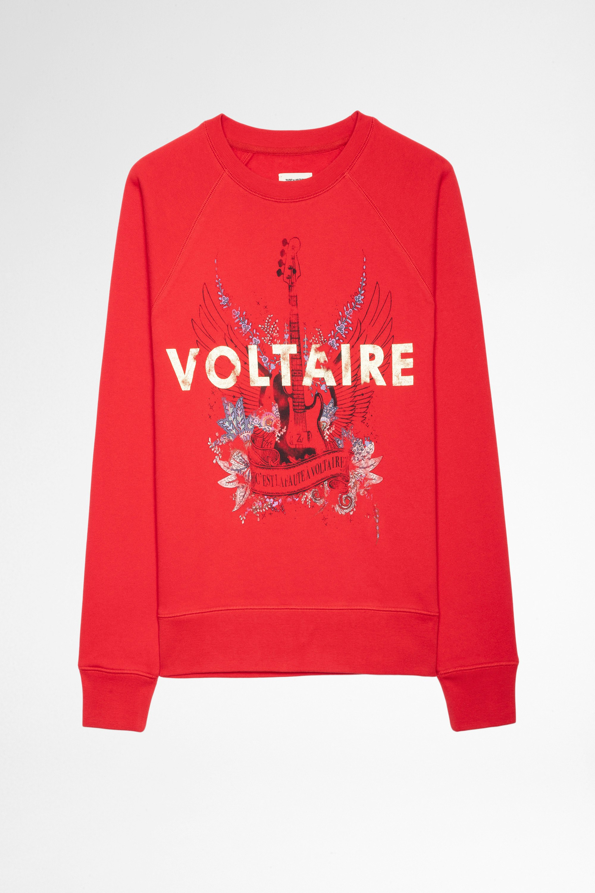 Upper Guitar Voltaire Sweatshirt Women's red cotton jumper with gold Voltaire and guitar print