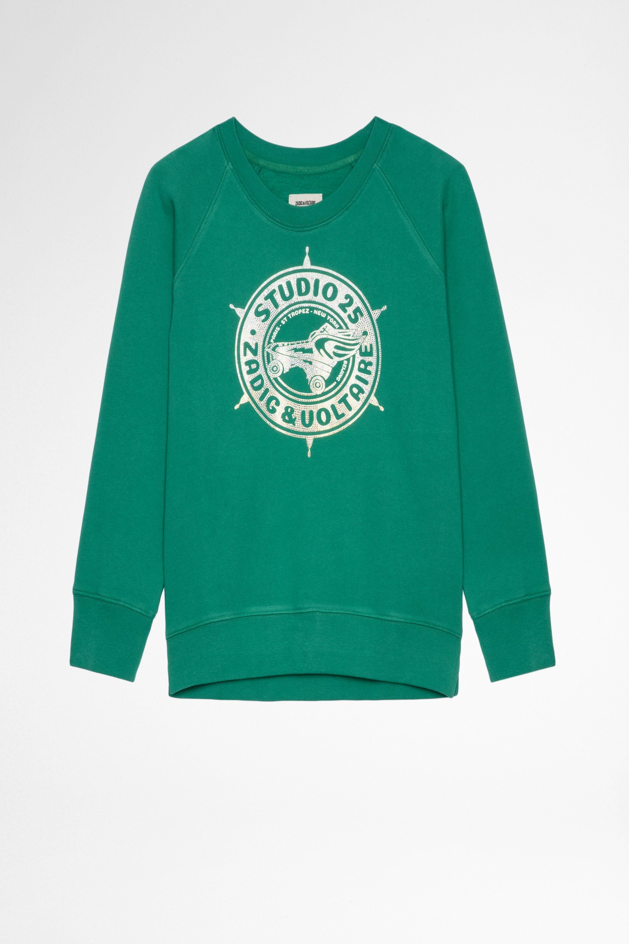 Sweatshirt Cameron Strass Sweatshirt aus grüner Baumwolle mit Studio 25 Print und Kristallen für Damen
