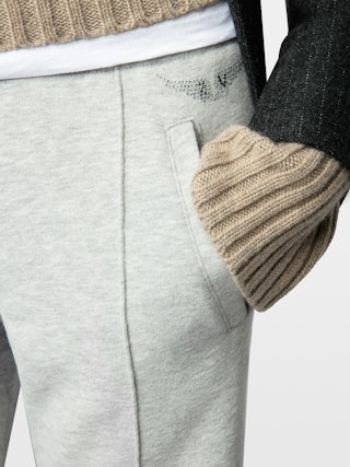 Chill Jogging Trousers - Straight, wide-leg light heather grey fleece joggers with pockets and ZV signature rhinestone wings.