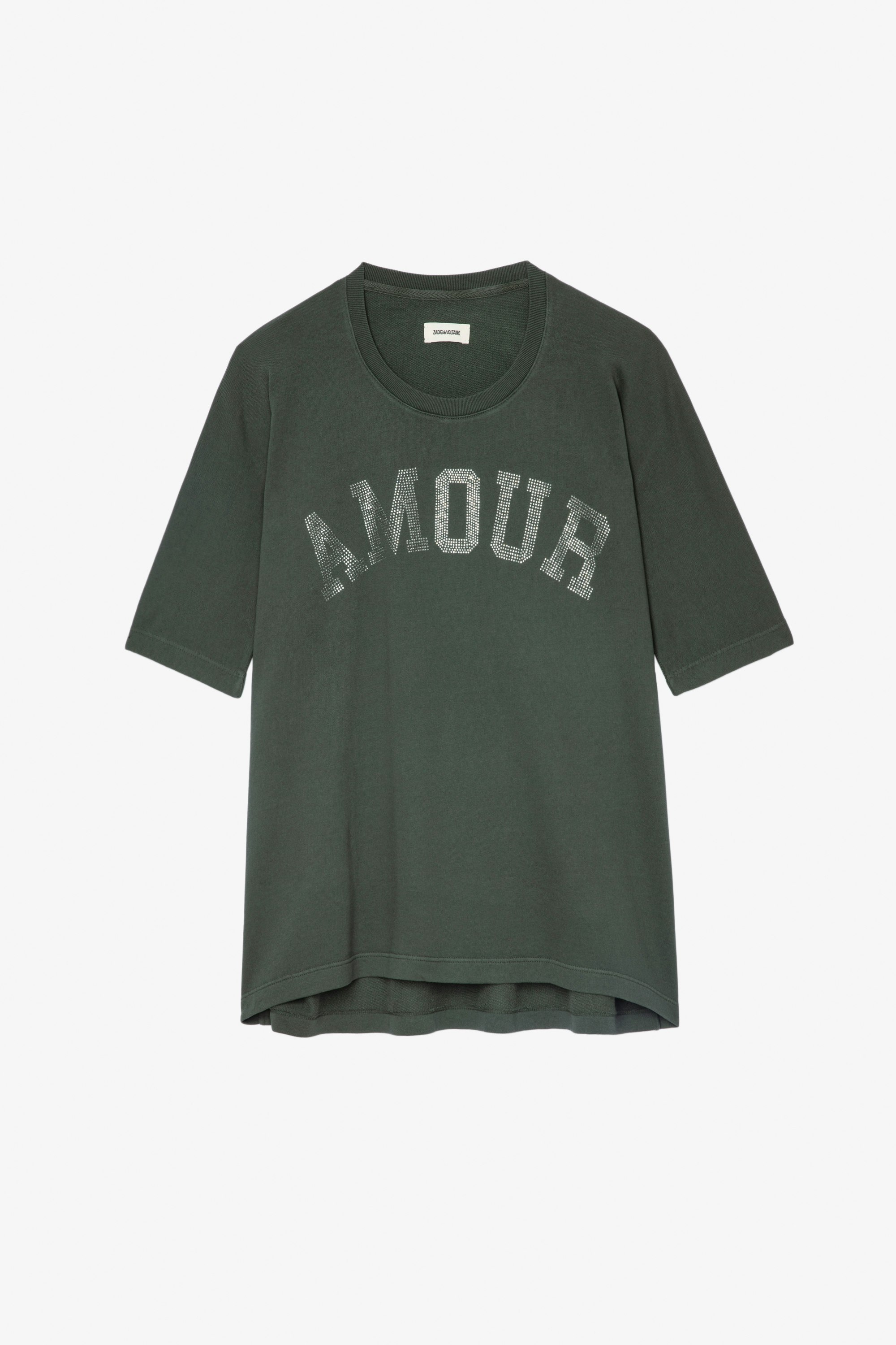 Portland Top Women's short-sleeved khaki top with rhinestone-set "Amour" slogan