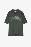 Sudadera Portland - Sudadera de mangas cortas color caqui con mensaje «Amour» con strass Mujer