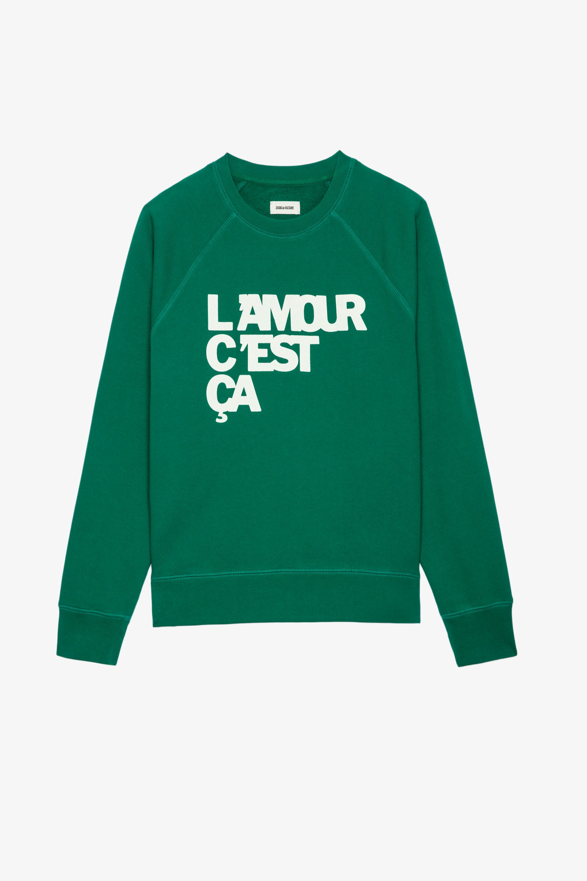 Upper L'amour c'est ça スウェット Women’s green cotton sweatshirt with “L'amour c'est ça” slogan