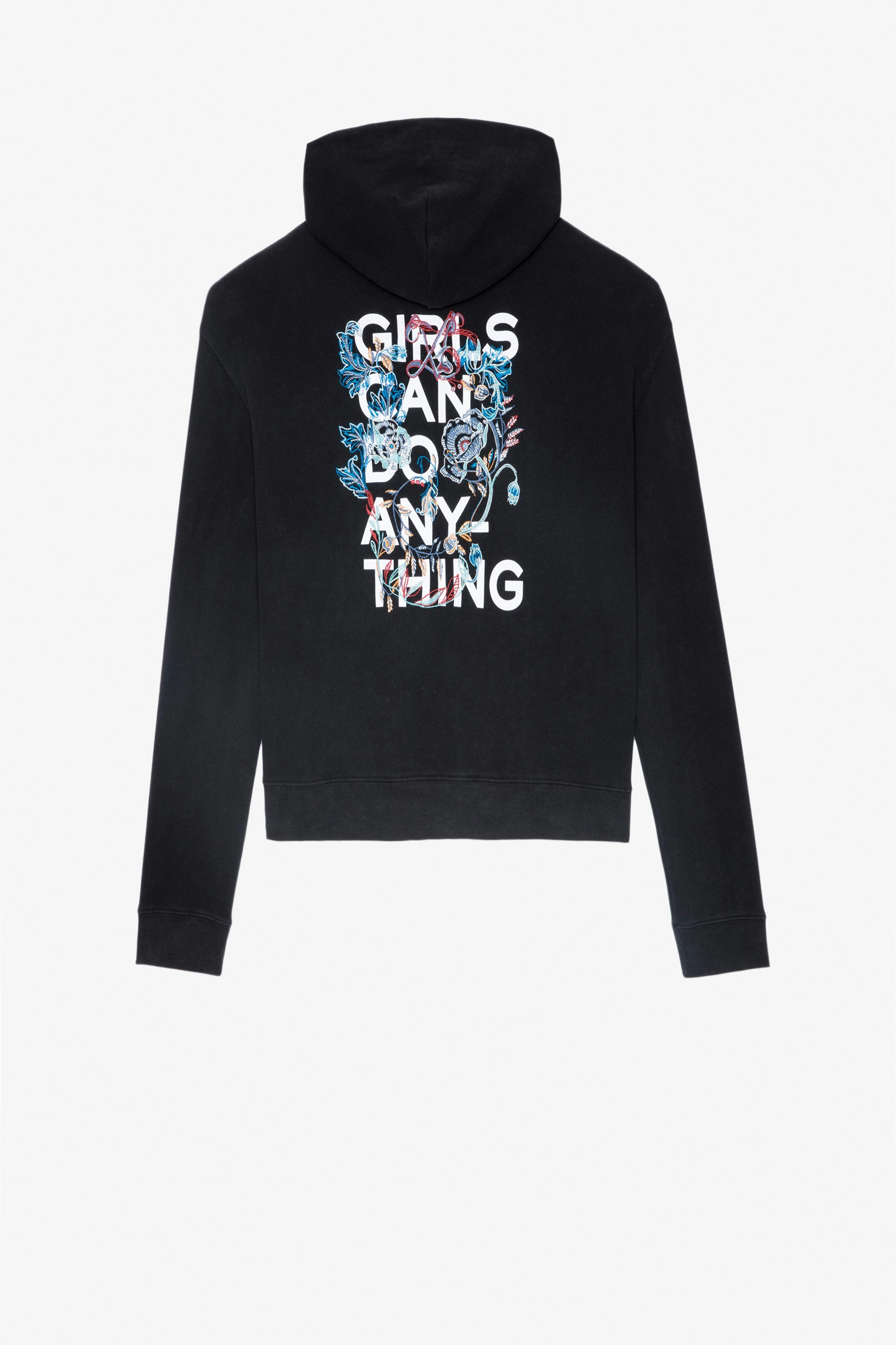 Sweatshirt Mona Schwarzes Damen-Kapuzensweatshirt aus Baumwolle mit „Girls can do anything“ und Blumen auf dem Rücken