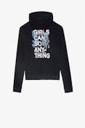 Felpa Mona - Felpa con cappuccio in cotone nero con scritta "Girls can do anything" e fiori sul retro - Donna
